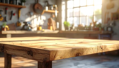 A sunlit workshop features a rustic wooden table with a cozy, inviting atmosphere