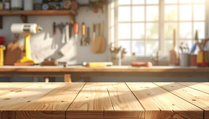 A sunlit workbench with wooden surface, tools hanging on a wall, and a cozy atmosphere