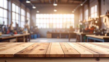 Bright and inviting workshop interior with wooden table and tools in the background