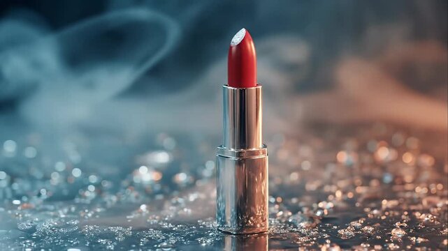 Red lipstick in a shiny metallic case standing on a wet surface with sparkling water drops and smoky atmosphere for luxury beauty cosmetic concept