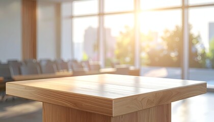 Bright conference room with a wooden table in focus, sunshine reflecting through large windows