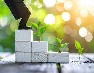 A person's foot ascending wooden steps with plants emerging