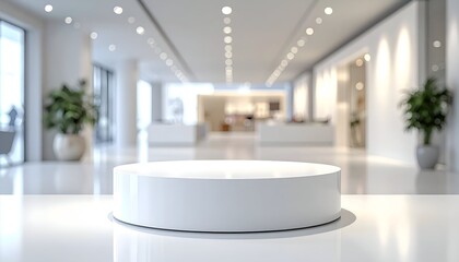 A spacious modern interior features a circular pedestal amidst bright lighting and greenery