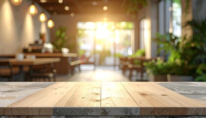 A sunlit cafe interior with a wooden table, featuring plants and a warm, inviting atmosphere