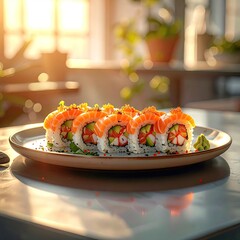 Sushi rolls on a plate, with salmon, avocado, and roe, in a bright setting