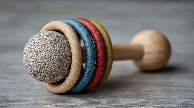 A colorful wooden baby rattle toy on a gray wooden surface