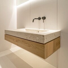 Modern bathroom sink with floating cabinet, wood and stone elements
