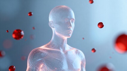 Transparent human figure with floating red spheres