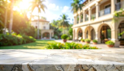 A blurred image of a luxurious garden with palm trees and an elegant building in sunlight