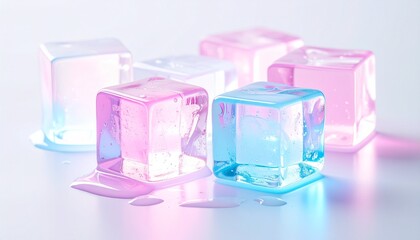 Glowing pastel ice cubes with pink and blue light reflections　パステルカラーに輝く幻想的な氷の背景