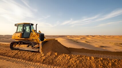 Bulldozer operating in vast desert landscape at sunrise viewpoint