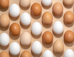 Overhead view of mixed-color eggs arranged in a grid pattern on a beige surface