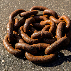 Fototapeta premium Close-up of a robust, severely rusted industrial metal chain with interconnected links, lying on rough ground, highlighting its weathered strength and aged metallic surface