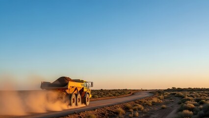 A large yellow truck speeds down a desert road, kicking up a massive dust cloud as it travels through the arid landscape at sunset.
