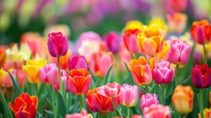 A vibrant field of tulips in various colors including pink, yellow, and orange. The flowers are in full bloom, creating a colorful landscape.