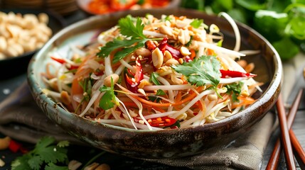 Close up of a bowl of asian salad with peanuts carrots sprouts and cilantro garnish on a wooden table