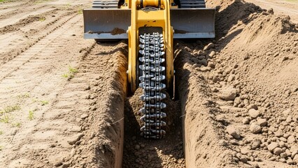Heavy machinery digs deep trench in dirt construction site