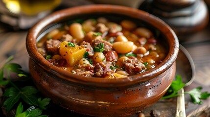 A rustic earthenware bowl filled with a hearty bean stew garnished with fresh herbs and served on wood