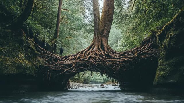 Unique Tree Formation With Sprawling Roots Creating a Natural Bridge Over a Flowing River in a Lush Forest Setting