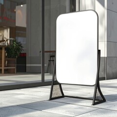 An empty, white sign in front of a modern building, angled on sidewalk