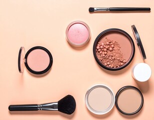 Makeup arrangement on a light peach surface with brushes and powders