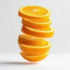 Stack of levitating orange slices against a white background