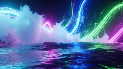 surreal ocean scene illuminated by vibrant neon light streaks and glowing mist