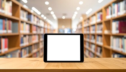 A blank tablet placed on a wooden table in a bright library filled with bookshelves