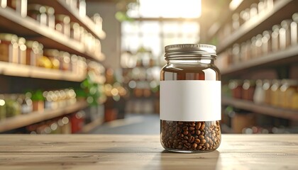 A jar filled with coffee beans sits prominently on a wooden surface, surrounded by shelves of jars