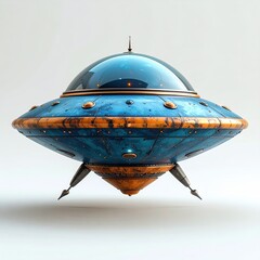 Blue and orange retro-futuristic flying saucer against a white background
