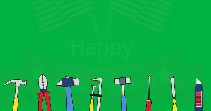 Digital animation of multiple tools over labor day text and american flags icon on back background