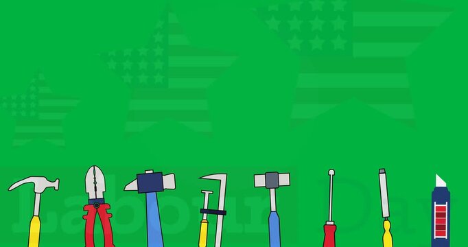 Digital animation of multiple tools over labor day text and stars icon against back background