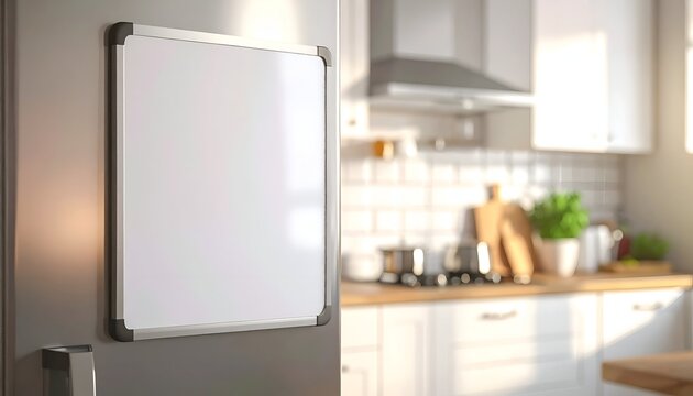 A modern kitchen featuring a clean refrigerator with a blank whiteboard and ample sunlight