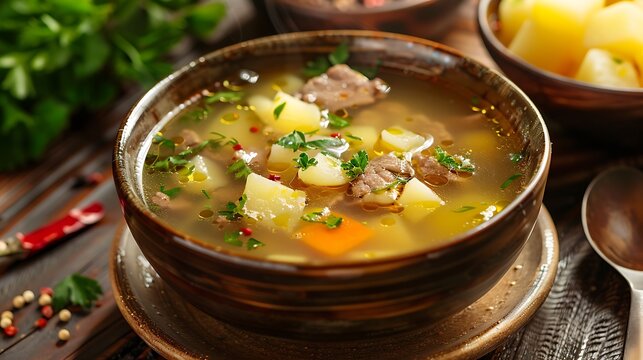 A bowl of soup with meat and potatoes on a wooden table with a spoon and herbs around it - Powered by Adobe