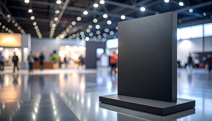 A sleek black display panel stands prominently in a modern exhibition hall filled with blurred visitors