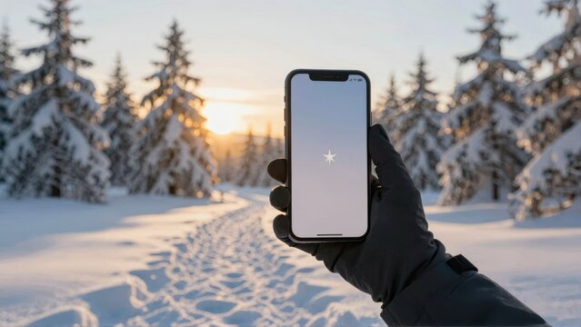 Hand holding smartphone in snowy forest at sunset - Powered by Adobe