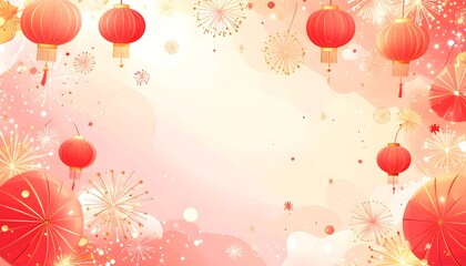 Red lanterns and fireworks creating a festive atmosphere for a Chinese New Year flat lay background with vibrant colors and sparkling lights, perfect for CNY celebrations and decorations