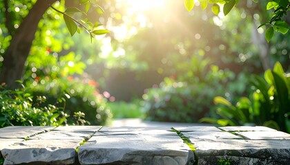 A sunlit garden pathway featuring stone slabs surrounded by lush greenery and vibrant flowers