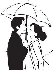  Happy valentime day Black and white line drawing of a couple holding an umbrella and looking at each other