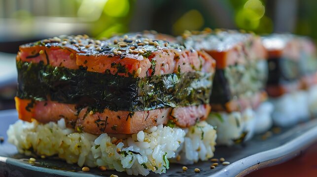 Close up of stacked spam musubi with nori seaweed and sesame seeds on a black rectangular plate