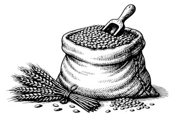 Hand drawn line art illustration of a grain sack with wheat ears depicting harvest and abundance for agricultural themes