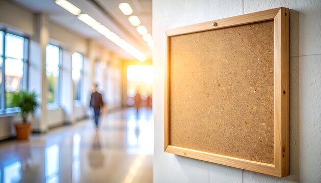 A sunlit hallway features a blank bulletin board framed in wood, with a blurred figure in background