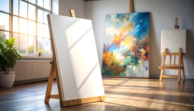 Bright art studio featuring an empty canvas on an easel and colorful paintings in the background