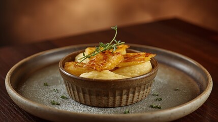 A beautifully plated Tartiflette served in a rustic ceramic dish, with crispy golden-brown cheese bubbling on top.