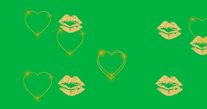Digital animation of multiple heart and sparkly lips icons floating against black background