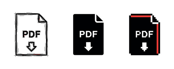 Set of three pdf file icons with download arrows in different styles