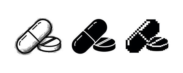 Pills in engraved, silhouette, and pixelated styles on white background