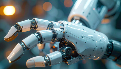Technological Hand: The image shows a close-up of a robotic hand, meticulously crafted with metallic and synthetic materials. This image symbolizes the innovative future of technology. 