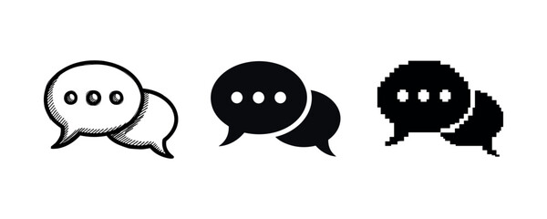Three speech bubble icons in different styles: sketch, solid, pixel