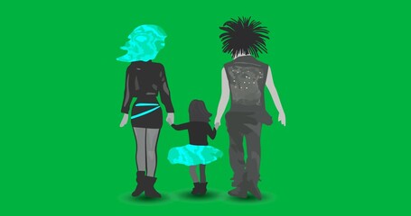Digital animation of punk family holding hands icon against black background